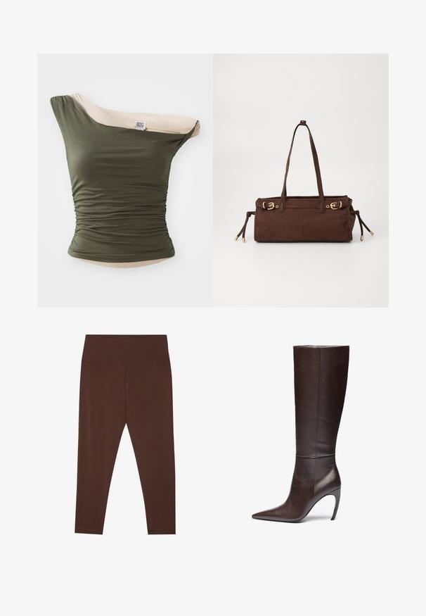 BDG Urban Outfitters FREYA TWIST - Toppi - khaki; Ruske mid-rise legginsit, jotka on valmistettu joustavasta ja sileästä kankaasta. Niissä on vähäisesti saumoja ja ne istuvat tiiviisti.; Ruske kožne čizme do kolena s špicastim nosom i potpeticom u obliku stiletto, s glatkom teksturom i minimalističkim dizajnom.; Ruskea mokkanahkainen kantolaukku, jossa on kaksi olkahihnaa, kultaiset yksityiskohdat ja säädettävät sivunauhat. Varustettu vetoketjulla ja sileällä pinnalla.