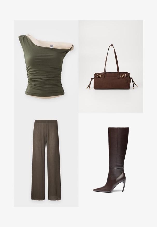 BDG Urban Outfitters FREYA TWIST - Top - khaki; Weite Hose aus einem dunklen Braun, leichtem, strukturiertem Stoff mit weichem Fall. Minimalistisches Design und rohe Saumdetails.; Braune Lederkniehohe Stiefel mit spitzer Zehe und Stiletto-Absatz, die eine glatte Textur und ein minimalistisches Design aufweisen.; Braune Wildleder-Shoppertasche mit zwei Schulterriemen, goldenen Hardware-Akzenten und verstellbaren Seitenbändern. Verfügt über einen Reißverschluss und eine glatte Textur.