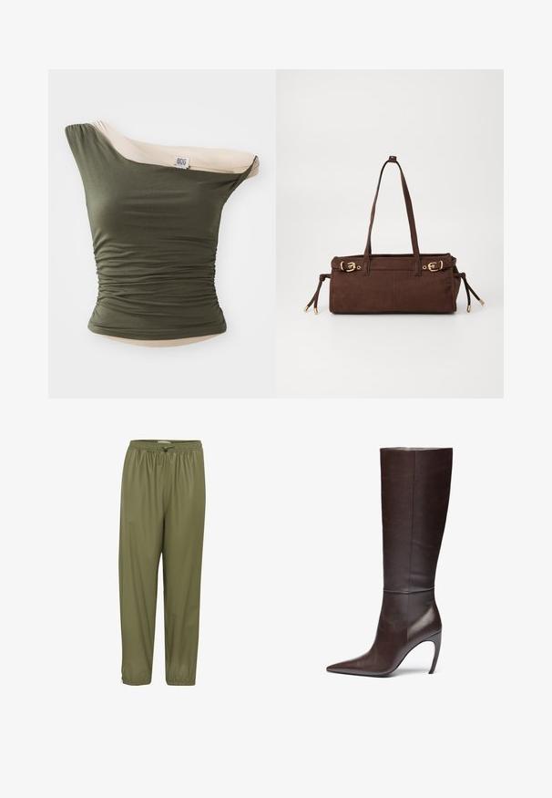 BDG Urban Outfitters FREYA TWIST - Débardeur - khaki; Pantalons légers de couleur vert olive, avec une taille élastique, un cordon de serrage et des chevilles fuselées. Texture lisse avec une finition brillante.; Botte en cuir marron arrivant au genou, avec un bout pointu et un talon aiguille, présentant une texture lisse et un design minimaliste.; Sac cabas en suède marron avec deux poignées, accents en métal doré et liens latéraux ajustables. Comprend une fermeture éclair et une texture lisse.