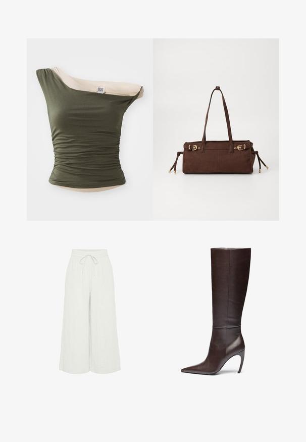 BDG Urban Outfitters FREYA TWIST - Linne - khaki; Ljusgrå vida byxor i texturerat tyg, med resårmidja och justerbar dragsko.; Brun läderstövel med knähöjd, spetsig tå och stilettklack, med en slät yta och minimalistisk design.; Brun mockaskväska med två axelremmar, detaljer i guldmetall och justerbara sidoknoppar. Har ett dragkedjestängning och en smidig textur.