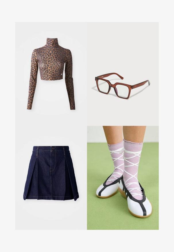 Lepardtrykk langermet crop top i brunt og svart, med høy hals og glatt, jevn tekstur. Subtil logo detalj ved kanten.; Mørk denimskjørt med folder, knappelukking og kontrastsøm. Enkel design med utvidet fasong og midtlang lengde.; Hvite flate sko med svart kant og såle, kombinert med lys lilla ribbestrikkede sokker med hvite kryssreimer. Plassert på en grønn bakgrunn.; Brune overdimensjonerte rektangulære briller med klare linser og en svak rosa nyanse på høyre linse. Plastisk ramme med jevn tekstur.; Rød, blank lærveske med en trekantet form, bred åpning på toppen og et enkelt buet håndtak. Glatt tekstur med minimale sømdetaljer.