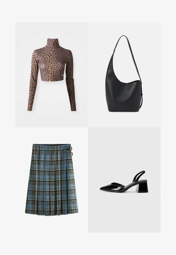 Prindi leopard jäljendusega pikkade käistega crop top pruunis ja mustas, millel on kõrge kaelus ja sile, sujuv tekstuur. Peen logo detail alläärs.; Ruuduline seelik sinistes, pruunides ja mustades toonides. Omab pleateid ja kahte musta pandla aktsenti vööl. Valmistatud kootud kangast.; Mustad musta lakknahk kingad, millel on terav varvas ja geomeetriline plokkkonts. Omab elegantselt minimalistlikku disaini ja sujuvat tekstuuri.; Mustast nahast hobo kott, millel on sile tekstuur, kumer kuju ja üks reguleeritav rihm; peal on lai avaus.