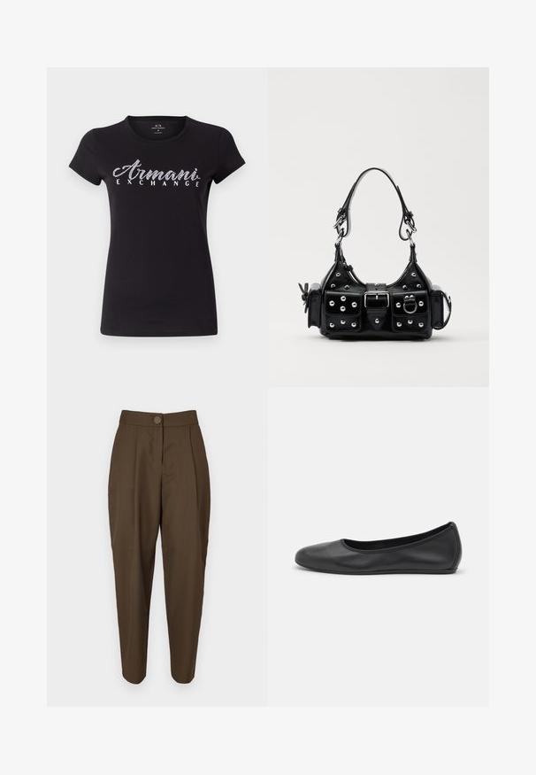 Sort kortærmet T-shirt lavet af bomuld, med et hvidt rhinestones-logo "Armani Exchange" på tværs af brystet. Glat tekstur, klassisk pasform.; Brune, høj talje bukser med en tætsiddende silhuet, plisseret front og en enkelt knaplukning. Glat stof med en subtil glans.; Sort læderballetsko med rund tå, glat tekstur, minimal syning og et fleksibelt såldesign.; Sort læderhåndtaske med et buet design, prydet med sølvfarvede nitter, en spænde og to sidelommer. Justerbar rem til forskellige bære muligheder.