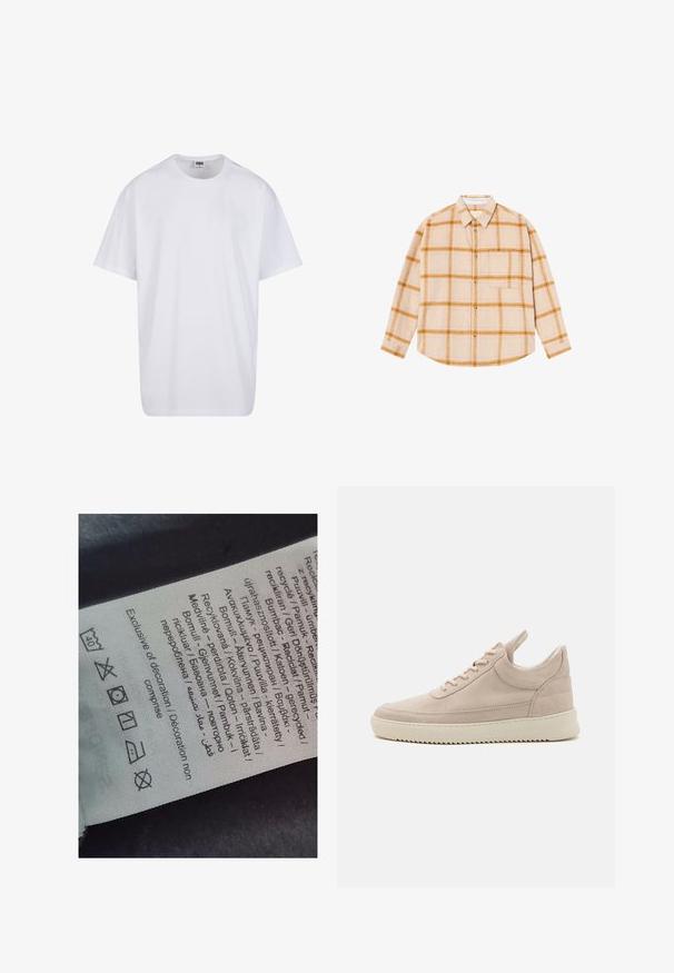 Valkoinen puuvillainen t-paita, jossa on lyhyet hihat, pyöreä kaula-aukko, rento istuvuus ja ei näkyviä logoja tai kuvioita. Sileä pinta ja minimaalinen muotoilu.; Beige pitkähihaine ruudullinen paita, jossa on keltaisia ja ruskeita ruutuja, napitettava malli, yksi rintatasku, valmistettu kestävistä materiaaleista.; Tarran etiketti, jossa on monikielistä tekstiä, huoltovihjeitä ja kierrätysikoneita, painettuna pehmeälle kankaanomaista materiaalia, vaaleassa väreissä.; Beige mokkasini-kengät pyöristettyllä kärjellä, valkoisella pohjalla ja tasaisilla nauhoilla. Ominaisuuksiin kuuluu vetoketju kantapäällä ja teksturoidut sivupaneelit.