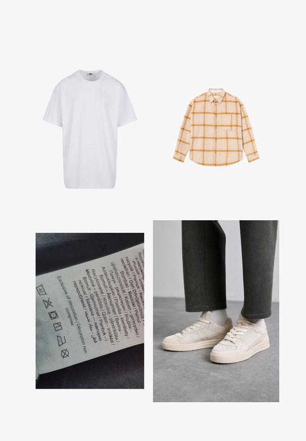 Bela bombažna majica s kratkimi rokavi, okroglim izrezom, sproščenim krojem in brez vidnih logotipov ali vzorcev. Gladka tekstura in minimalen dizajn.; Bež srajca z dolgimi rokavi v karirastem vzorcu z rumenimi in rjavimi kvadratki, z gumbnim zapiranjem, z enim žepom na prsih, narejena iz teksturirane tkanine.; Oznaka s večjezičnim besedilom, simboli za nego in ikonami za recikliranje, tiskana na mehkem tkaninskem materialu svetle barve.; Bež športni copati iz suede in mrežastega materiala, z perforiranimi detajli, ravnimi vezalkami in debelim podplatom. Nosi se z zelenimi kord pajkicami.