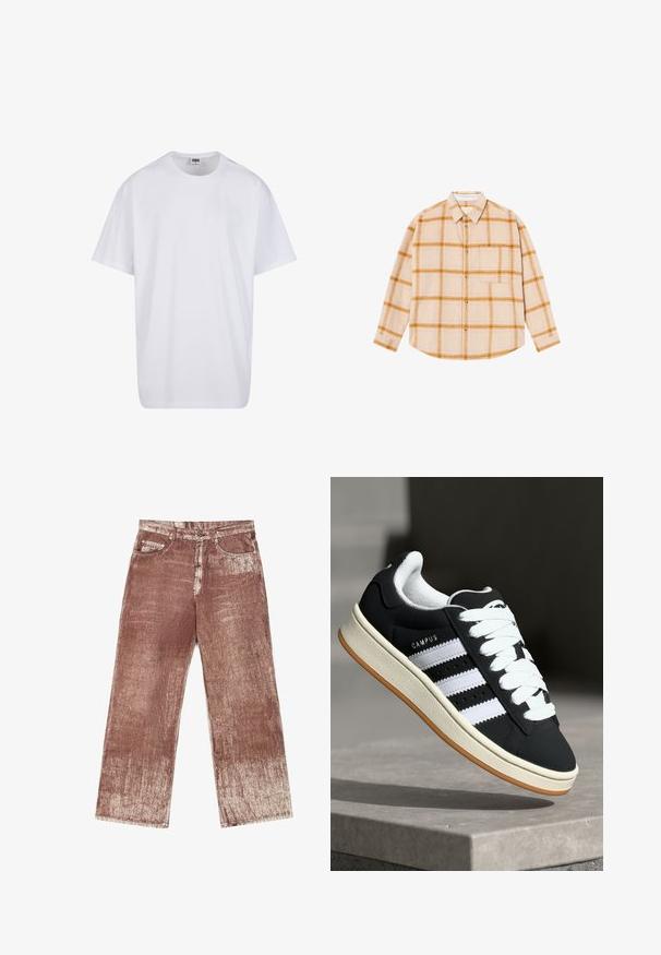 Weiße Baumwoll-T-Shirt mit kurzen Ärmeln, rundem Ausschnitt, lockerer Passform und ohne sichtbare Logos oder Muster. Glatte Textur und minimalistisches Design.; Langärmliges karierter Hemd in Beige mit gelben und braunen Karos, Knopfdesign, eine Brusttasche, aus einem strukturierten Stoff gefertigt.; Braune Denim-Jeans zeichnen sich durch ein strukturiertes, gefächertes Design mit helleren Verblassungen aus. Sie sind mit vier Taschen und silbernen Hardware-Akzenten ausgestattet.; Schwarzer Sneaker mit weißen Streifen, Schnürdesign, strukturiertem Obermaterial und Gummisohle. Verfügt über das "CAMPUS"-Logo an der Seite und eine Gummilaufsohle.