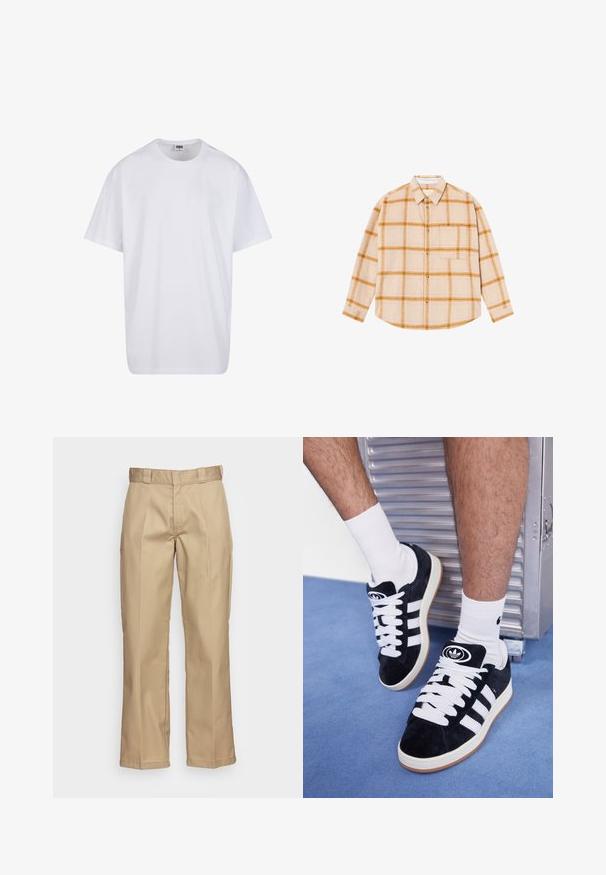 Biela bavlnená tričko s krátkymi rukávmi, okrúhlym výstrihom, uvoľneným strihom a žiadnymi viditeľnými logami alebo vzormi. Hladká textúra a minimálny dizajn.; Hnedá kockovaná košeľa s dlhým rukávom v béžovej farbe s žltými a hnedými pruhmi, zapínanie na gombíky, jedna náprsní vrecko, vyrobená z textúrovanej tkaniny.; Khaki nohavice so strihom rovného nohu, vyrobené z pevných tkanín, s hladkým povrchom a dvojnásobným záhybom vpredu ako dodatočný detail.; Čierne semišové tenisky s bielymi šnúrkami a tromi bielymi pruhmi. Obsahujú kruhové čierne logo na jazyku a gumovú podrážku.