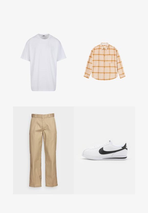 T-shirt en coton blanc avec des manches courtes, un col rond, une coupe décontractée et sans logos ni motifs visibles. Texture lisse et design minimaliste.; Chemise à manches longues à carreaux beige avec des motifs jaunes et bruns, à boutonnière, avec une poche poitrine unique, fabriquée dans un tissu texturé.; Pantalons kaki avec une coupe droite, fabriqués en tissu robuste, présentant une texture lisse et un devant à double pli pour plus de détails.; Baskets en cuir blanc avec le swoosh noir de Nike, lacets plats et semelle en caoutchouc texturé. Bout arrondi et col rembourré pour le confort.