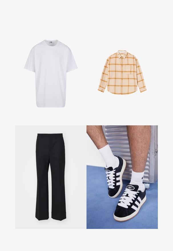 Bela bombažna majica s kratkimi rokavi, okroglim izrezom, sproščenim krojem in brez vidnih logotipov ali vzorcev. Gladka tekstura in minimalen dizajn.; Bež srajca z dolgimi rokavi v karirastem vzorcu z rumenimi in rjavimi kvadratki, z gumbnim zapiranjem, z enim žepom na prsih, narejena iz teksturirane tkanine.; Prilagojene črne hlače iz gladkega materiala; širok kroj z ravnim sprednjim delom in brez vidnih žepov ali okrasnih elementov.; Črne semiš teniske z belimi vezalkami in tremi belimi črtami. Imajo okroglo črno oznako na jezičku in gumijast podplat.