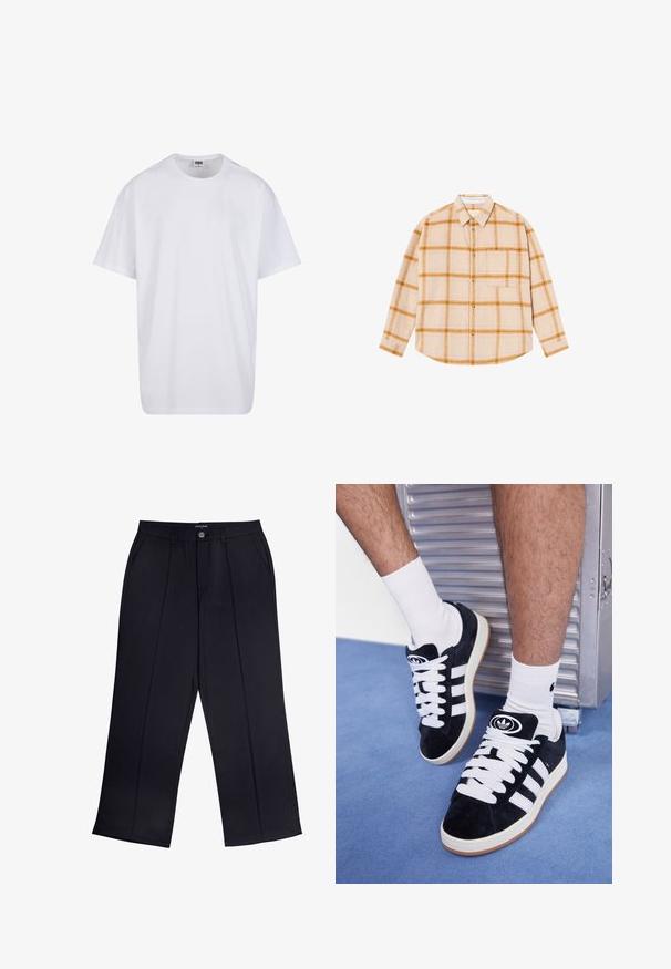 Bijela pamučna majica s kratkim rukavima, zaobljenim izrezom, opuštenog kroja, bez vidljivih logotipa ili uzoraka. Glatka tekstura i minimalni dizajn.; Košulja dugih rukava s karo uzorkom u bež boji sa žutim i smeškim kvadratićima, dizajn na dugmad, jedna džepna pregrada, napravljena od teksturiranog materijala.; Crne široke hlače napravljene od glatke tkanine s patentnim zatvaračem, kopčanjem na dugme i prednjim džepovima. Istaknuti pregibni detalj niz svaku nogavicu.; Crne nubuk tenisice s bijelim vezicama i tri bijele pruge. Imaju kružni crni logo na jeziku i gumeni potplat.