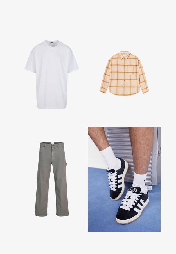 Tricou alb din bumbac cu mâneci scurte, decolteu rotund, croială lejeră și fără logo-uri sau modele vizibile. Textură netedă și design minimalist.; Cămașă cu mâneci lungi, cu carouri bej, galbene și maronii, cu închidere cu nasturi, un buzunar pe piept, realizată dintr-un material texturat.; Pantaloni cargo gri din bumbac. Caracteristici: croiala relaxata, multiple buzunare si fermoar cu inchidere buton. Design cu picioare drepte.; Adidași negri din suede cu șireturi albe și trei dungi albe. Au un logo circular negru pe limbă și o talpă din cauciuc de tip gumă.