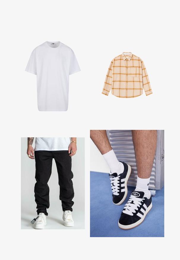 Biela bavlnená tričko s krátkymi rukávmi, okrúhlym výstrihom, uvoľneným strihom a žiadnymi viditeľnými logami alebo vzormi. Hladká textúra a minimálny dizajn.; Hnedá kockovaná košeľa s dlhým rukávom v béžovej farbe s žltými a hnedými pruhmi, zapínanie na gombíky, jedna náprsní vrecko, vyrobená z textúrovanej tkaniny.; Čierne džínsy s voľným strihom, s viditeľným prešívaním, bočnými vreckami a štítkom pripevneným k topánke. Biely tenisky dotvárajú vzhľad.; Čierne semišové tenisky s bielymi šnúrkami a tromi bielymi pruhmi. Obsahujú kruhové čierne logo na jazyku a gumovú podrážku.
