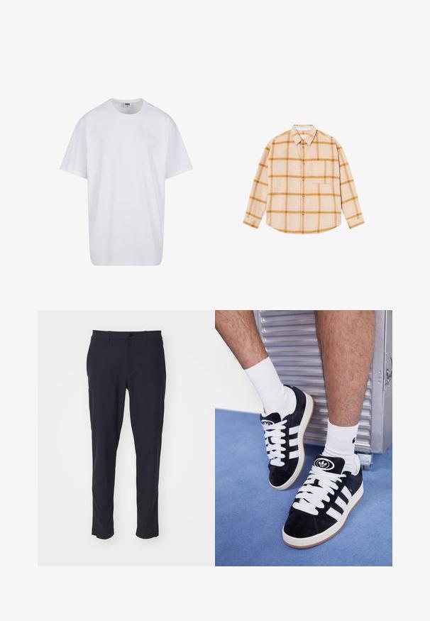 Witte katoenen t-shirt met korte mouwen, ronde hals, relaxte pasvorm en zonder zichtbare logo's of patronen. Gladde textuur en minimalistisch ontwerp.; Langarm geruit overhemd in beige met gele en bruine blokken, knoopsluiting, enkele borstzak, gemaakt van een textuurstof.; Marineblauwe op maat gemaakte broek van een gladde stof; voorzien van een knoopsluiting, riemlussen en zijzakken; slim fit ontwerp.; Zwarte suède sneakers met witte veters en drie witte strepen. Heeft een cirkelvormig zwart logo op de tong en een gumrubberen zool.