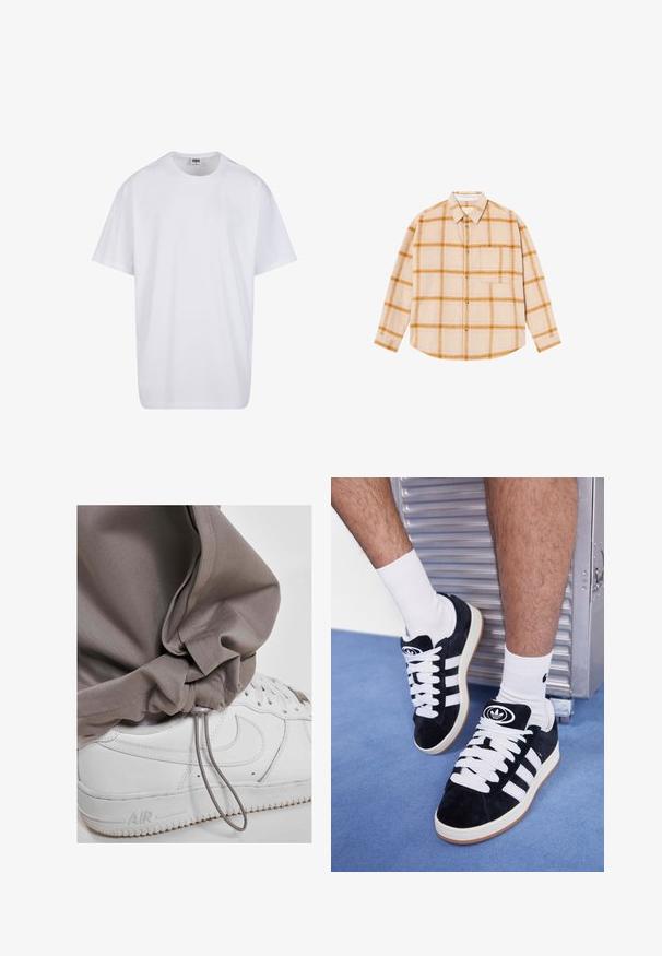 Witte katoenen t-shirt met korte mouwen, ronde hals, relaxte pasvorm en zonder zichtbare logo's of patronen. Gladde textuur en minimalistisch ontwerp.; Langarm geruit overhemd in beige met gele en bruine blokken, knoopsluiting, enkele borstzak, gemaakt van een textuurstof.; Lichtgrijze joggerbroeken met een trekkoord bij de boorden, gecombineerd met witte sneakers met een gestructureerde zool en opvallend logo-detail.; Zwarte suède sneakers met witte veters en drie witte strepen. Heeft een cirkelvormig zwart logo op de tong en een gumrubberen zool.
