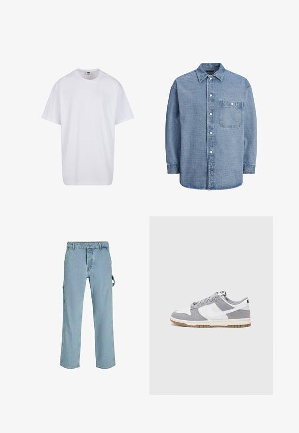 Valkoinen puuvillainen t-paita, jossa on lyhyet hihat, pyöreä kaula-aukko, rento istuvuus ja ei näkyviä logoja tai kuvioita. Sileä pinta ja minimaalinen muotoilu.; Vaaleansininen farkkupaita, jossa on klassinen kaulus, edessä napitus ja yksi rintatasku läpällä ja napilla.; Vaaleansiniset farkku cargo-housut rentoa istuvuutta, joissa on sivukiinnityslenkit ja etutaskut, sekä haalistunut pinta.; Niken tennarit on valmistettu harmaasta mokkanahasta ja valkoisesta nahasta, joissa on rei'itykset, pyöreät nauhat ja kumipohja pitoon.