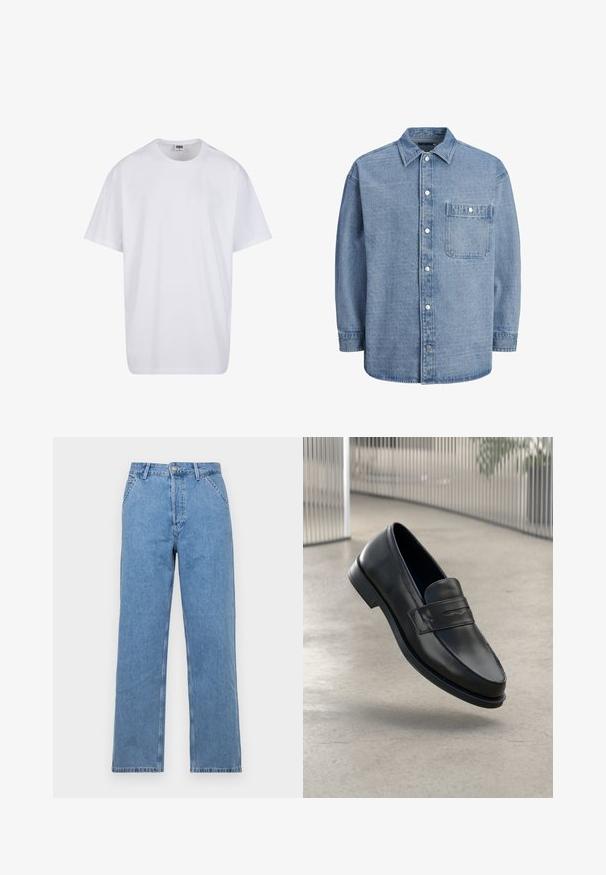 Valkoinen puuvillainen t-paita, jossa on lyhyet hihat, pyöreä kaula-aukko, rento istuvuus ja ei näkyviä logoja tai kuvioita. Sileä pinta ja minimaalinen muotoilu.; Vaaleansininen farkkupaita, jossa on klassinen kaulus, edessä napitus ja yksi rintatasku läpällä ja napilla.; Vaaleansininen denim-suorat housut, joissa on klassinen viiden taskun muotoilu, etupainike ja vyölenkit. Sujuva pinta.; Mustat nahkaiset loaferit, joissa on sileä pinta, kärjekäs kärki ja koristeellinen remmi jalkapöydän yli. Kevyt pohja, minimalistinen muotoilu.