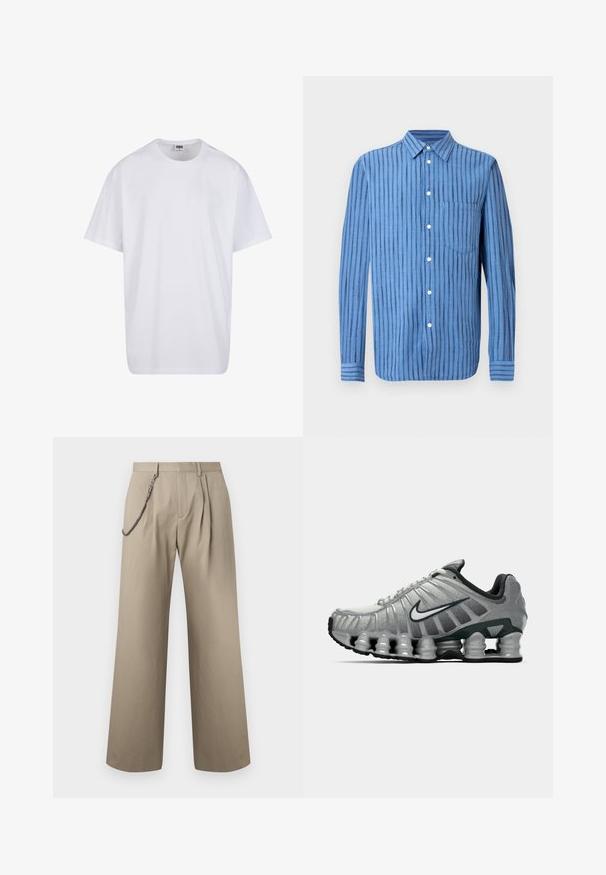 Bílé triko z bavlny s krátkým rukávem, kulatým výstřihem, volným střihem a bez viditelných log či vzorů. Hladká textura a minimalistický design.; Modrá košile s dlouhým rukávem na zapínání na knoflíky s vertikálními černými pruhy a náprsní kapsou, zobrazená na bílém pozadí.; Béžové široké kalhoty se záhyby vpředu a kovovým řetízkem připevněným k levému poutku na pásek jako stylový doplněk.; Šedá a černá běžecká obuv Nike s viditelným odpružením podobným pružině pod podrážkou a bílým logem swoosh na boku.
