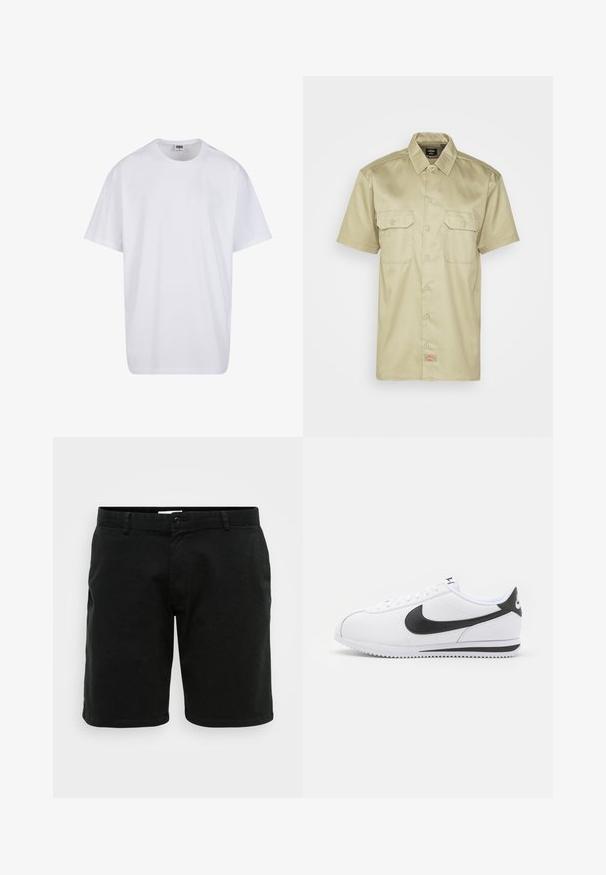 Maglietta bianca in cotone con maniche corte, scollatura rotonda, vestibilità comoda e senza loghi o motivi visibili. Texture liscia e design minimale.; Camicia bottonata a maniche corte color khaki con colletto, due tasche sul petto e un piccolo logo ricamato sull'orlo. Tessuto dalla texture liscia.; Pantaloni shorts neri in cotone con taglio dritto. Presentano una chiusura con bottone e passanti per cintura. Tessuto liscio e lunghezza leggermente sopra il ginocchio.; Sneaker in pelle bianca con logo Nike nero, lacci piatti e suola in gomma testurizzata. Punta arrotondata e collare imbottito per il comfort.