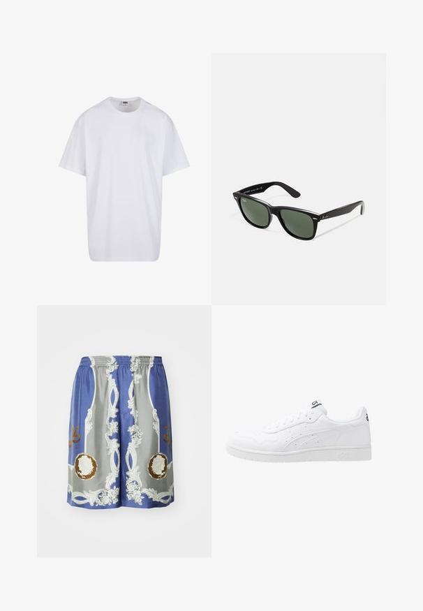 Biela bavlnená tričko s krátkymi rukávmi, okrúhlym výstrihom, uvoľneným strihom a žiadnymi viditeľnými logami alebo vzormi. Hladká textúra a minimálny dizajn.; Modré a šedé šortky vyrobené z hladkej tkaniny, s bohatými bielymi a zlatými vzormi, kvetinami a kruhovými designmi na prednej strane.; Biele kožené tenisky s hladkým povrchom, perforovanými akcentmi a textúrovanou medzipodrážkou. Obsahujú logo na jazyku a bočné pruhy.; Čierne plastové slnečné okuliare so zelenými šošovkami, štvorcové rámy, strieborný akcent na obočí a textúrované ramenné opierky. Brand uvedený na vnútornej strane ramien.