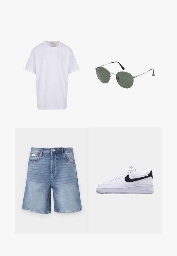 Valkoinen puuvillainen t-paita, jossa on lyhyet hihat, pyöreä kaula-aukko, rento istuvuus ja ei näkyviä logoja tai kuvioita. Sileä pinta ja minimaalinen muotoilu.; Farkkushortsit vaaleansinisinä, joissa on klassinen leikkaus, viisi taskua ja eriväriset tikkaukset. Materiaali on sileä ja siinä on lievä kulutus.; Valkoinen nahkakenkä, jossa on teksturoitu musta Swoosh, litteät nauhat ja kumipohja, jossa on uritettu malli. "AIR" on painettu kantapään kohdalle.; Aurinkolasit metallikehyksillä, joissa on soikeat vihreät linssit. Ohut hopeinen metallikehys ja mustat korvapehmusteet. Minimalistinen muotoilu, ei näkyviä logoja.