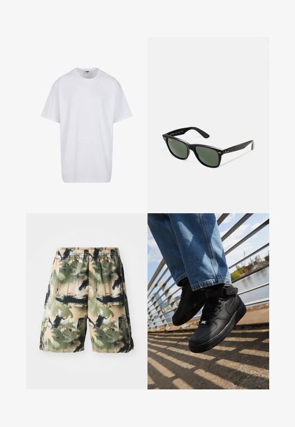 Bela bombažna majica s kratkimi rokavi, okroglim izrezom, sproščenim krojem in brez vidnih logotipov ali vzorcev. Gladka tekstura in minimalen dizajn.; Moške kopalne hlače iz lahkotnega, zračnega materiala s tropskim vzorcem palm v zelenih, črnih in bež odtenkih. Vključena elastična vezica.; Črne Nike Air Force 1 teniske z usnjenim zgornjim delom, mrežastim jezikom in gumijastim podplatom, s posebno visoko zasnovo in debelimi vezalkami.; Črne plastične sončna očala z zelenimi lečami, kvadratni okvirji, srebrni detajl na obrvi in teksturirani ročaji. Blagovna znamka navedena na notranji strani ročaja.