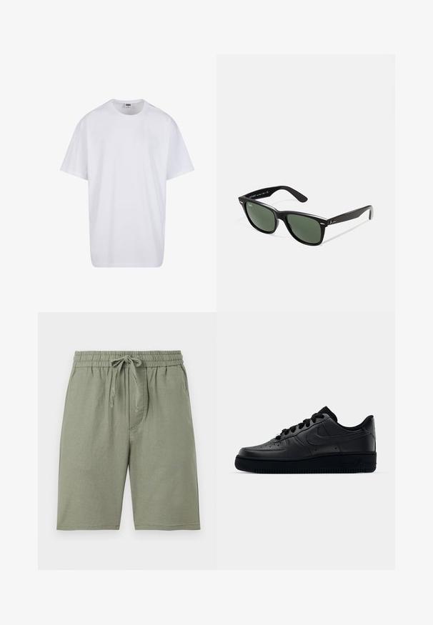 Weiße Baumwoll-T-Shirt mit kurzen Ärmeln, rundem Ausschnitt, lockerer Passform und ohne sichtbare Logos oder Muster. Glatte Textur und minimalistisches Design.; Helle grüne Baumwollshorts mit einem elastischen Bund und verstellbarem Kordelzug. Mit Seitentaschen und knielanger Passform.; Schwarzer Nike Air Force 1 Schuh mit einem glatten Lederoberteil, perforierter Zehenpartie für Atmungsaktivität, schwarzen Schnürsenkeln und einer strukturierten Gummisohle.; Schwarze Plastiksonnenbrille mit grünen Gläsern, quadratischen Rahmen, silbernem Akzent auf der Augenbraue und strukturierten Bügeln. Angegebene Marke auf dem inneren Bügel.