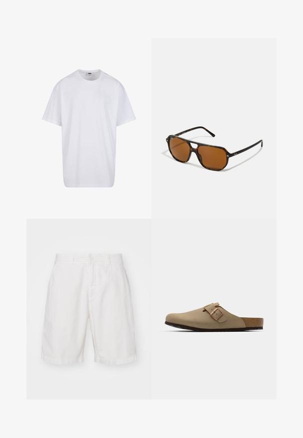Witte katoenen t-shirt met korte mouwen, ronde hals, relaxte pasvorm en zonder zichtbare logo's of patronen. Gladde textuur en minimalistisch ontwerp.; Witte katoenen shorts met een vlakke voorkant, knoopsluiting en vier zakken. De stof heeft een zachte textuur en een recht model.; Beige klompen met een afgeronde neus, verstelbare gespaccent, en kurk voetbed. Gestructureerd oppervlak met een zwarte rubberen zool voor grip.; schildpadbril met bruine lenzen, rechthoekige vorm en metalen accenten op het montuur. Strak ontwerp met dunne armen.