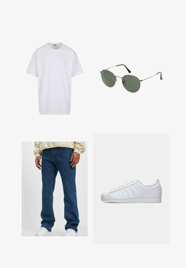 Fehér pamut póló rövid ujjal, kerek nyakú, laza szabású, és nincsenek látható logók vagy minták. Simább textúra és minimalista dizájn.; Sötétkék, egyenes szabású farmernadrág, egyszerű kialakítással és klasszikus varrással, fehér sportcipővel viselve.; Fehér bőr sneaker, texturált gumis orral, három oldalsó csíkkal és párnázott nyakkal. Laposejű fehér cipőfűzők és minimalista dizájn.; Fémkeretes napszemüveg ovális zöld lencsékkel. Vékony ezüst színű fémkeret és fekete fülrész. Minimalista dizájn, látható logók nélkül.