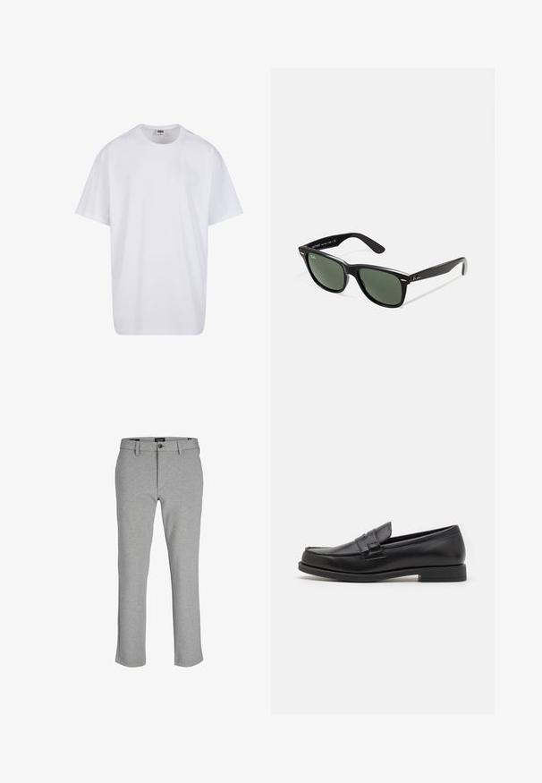 Witte katoenen t-shirt met korte mouwen, ronde hals, relaxte pasvorm en zonder zichtbare logo's of patronen. Gladde textuur en minimalistisch ontwerp.; Grijze broeken van lichtgewicht stof, met een rechte pijp, ritssluiting en een enkele knoopsluiting bij de tailleband.; Zwarte leren instappers met een slank ontwerp, afgeronde neus, gestikte details en een lage blokhak. Gladde textuur en minimale accenten.; Zwarte plastic zonnebril met groene lenzen, vierkante montuur, zilveren accent op de wenkbrauw en een gestructureerde tempel. Merken vermeld op de binnenkant van de arm.