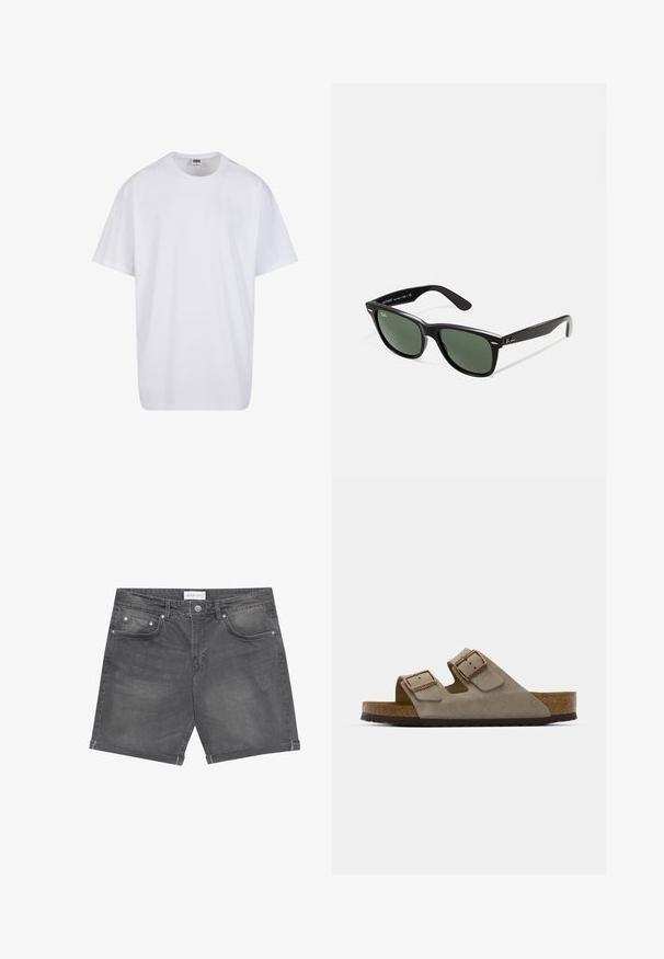 Valge puuvillane t-särk lühikeste varrukatega, ümmarguse kaelusega, lõdva lõikega ja ilma nähtavate logodeta või mustriteta. Sile tekstuur ja minimaalne disain.; Tumedatehised denimsüüksid klassikalise viie tasku kujundusega, keeratud servadega ja metallnupu aktsentidega. Sile tekstuur ning õrn fade.; Heledad sandaal erepunasel hallil kahe reguleeritava pandlaga, korkkeskmise taldaga ja tekstuuriga kummitald.; Mustad mustan plastiku prillid roheliste läätsedega, ruudukujulised raamid, hõbedane aksent kulmude peal ja tekstuuriga tempelkäed. Brändi nimi on märgitud sisevarrele.