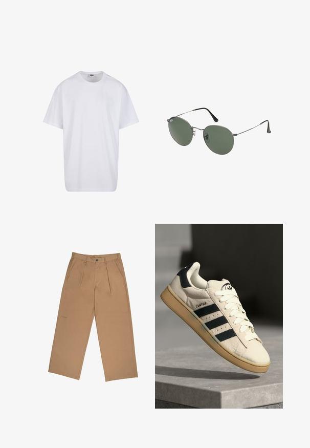 Fehér pamut póló rövid ujjal, kerek nyakú, laza szabású, és nincsenek látható logók vagy minták. Simább textúra és minimalista dizájn.; Sima textúrájú anyagból készült bézs nadrág, redőkkel, gombzással és a szegély közelében hímzett logóval.; Bézs velúr sportcipő három sötétkék csíkkal, fehér fűzőkkel és világosbarna gumi talppal. A nyelvén logó található, valamint a "CAMPUS" felirat.; Fémkeretes napszemüveg ovális zöld lencsékkel. Vékony ezüst színű fémkeret és fekete fülrész. Minimalista dizájn, látható logók nélkül.