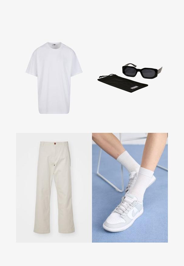 Witte katoenen t-shirt met korte mouwen, ronde hals, relaxte pasvorm en zonder zichtbare logo's of patronen. Gladde textuur en minimalistisch ontwerp.; Beige katoenen broek met een rechte pijpdesign, voorzien van een knoopsluiting aan de voorkant, riemlussen en standaard zakken. Soepele textuur.; Witte sneakers met lichtblauwe accenten, leren bovenkant, geperforeerde neus, dikke veters en ribbelsokken in het wit tegen een blauwe achtergrond.; Zwarte zonnebril met hoekige, oversized monturen en donkere lenzen, vergezeld van een zwarte microfiber zak met een logo erop.
