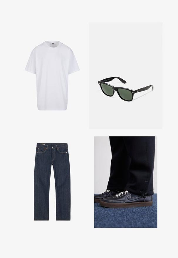 Camiseta blanca de algodón con mangas cortas, cuello redondo, corte relajado y sin logotipos ni patrones visibles. Textura suave y diseño minimalista.; Jeans de mezclilla azul oscuro con corte recto, que presentan remaches de cobre, costuras amarillas y bolsillos frontales. Textura suave con detalles de diseño mínimos.; Nike Sportswear KILLSHOT 2 LTR PRM OPP2 - Zapatillas - black sail baroque brown mtlc dk grey; Gafas de sol de plástico negro con lentes verdes, montura cuadrada, acento plateado en la ceja y brazos texturizados. Marca indicada en el brazo interno.