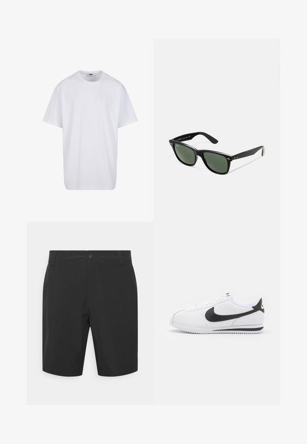 Balta kokvilnas T-kreklu ar īsām piedurknēm, apaļu kakla izgriezumu, brīvu piegriezumu un bez redzamām logo vai rakstiem. Gluda tekstūra un minimālistisks dizains.; Melnas šortus, izgatavotus no viegla auduma, ar pogu aizdari, plakanu priekšpusi un sānu kabatām. Gluda tekstūra un garums virs ceļgaliem.; Baltas ādas tenisa apavi ar melno Nike swoosh, plakaniem šņorēm un teksturētu gumijas zoli. Apaļo pirkstu forma un mīksts apkaklīte komfortam.; Melnas plastmasas saulesbrilles ar zaļiem lēciem, kvadrātveida rāmjiem, sudrabainu akcentu uz uzacīm un teksturētām tempļu kājām. Zīmols norādīts uz iekšējās kājas.
