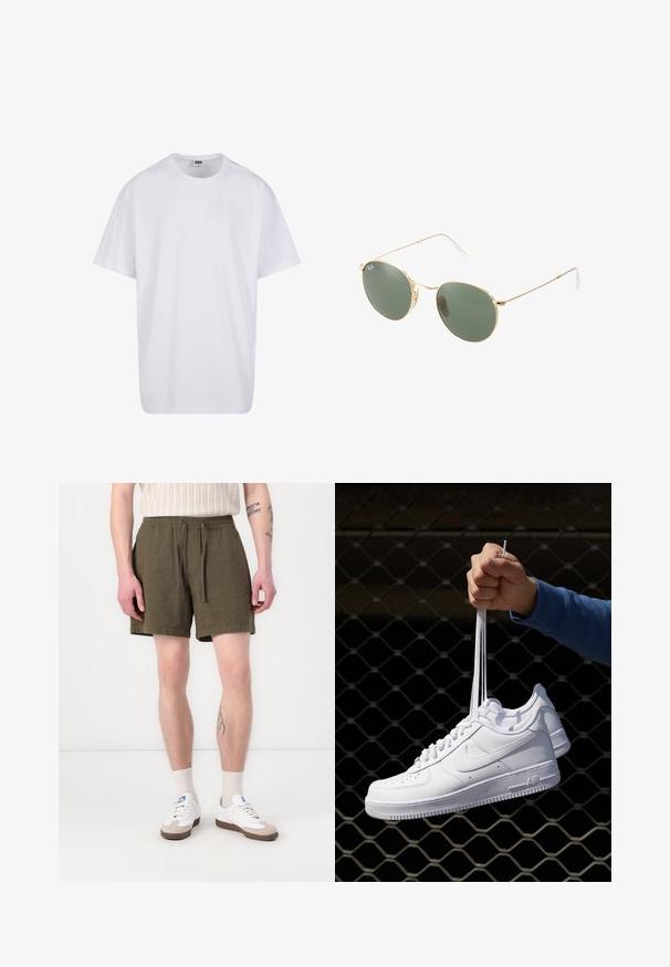 Maglietta bianca in cotone con maniche corte, scollatura rotonda, vestibilità comoda e senza loghi o motivi visibili. Texture liscia e design minimale.; Pantaloni shorts verde oliva con vita elastica e stringente, dotati di tasche laterali e taglio dritto, realizzati in un tessuto leggero.; Sneakers in pelle bianca con perforazioni, punta rotonda, suola piatta e lacci spessi, con logo swoosh visibile e "AIR" sul tallone.; Occhiali da sole con montatura metallica dorata, lenti verdi, forma rotonda, aste sottili e dettagli in plastica bianca sulle punte delle aste.