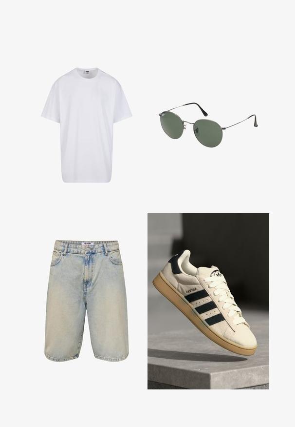 Biela bavlnená tričko s krátkymi rukávmi, okrúhlym výstrihom, uvoľneným strihom a žiadnymi viditeľnými logami alebo vzormi. Hladká textúra a minimálny dizajn.; Svetlomodré denim šortky s vyblednutým vzhľadom, s gombíkovým zapínaním, piatimi vreckami a prešitými detailmi pozdĺž lemov a okrajov vreciek.; Béžové semišové tenisky s tromi tmavomodrými pruhmi, bielymi šnúrkami a béžovou gumovou podrážkou. Obsahujú logo na jazyku a text "CAMPUS".; Sunglass s metalovým rámom s oválnymi zelenými šošovkami. Tenký strieborný kovový rám a čierne štuple za uši. Minimalistický dizajn, bez viditeľných log.