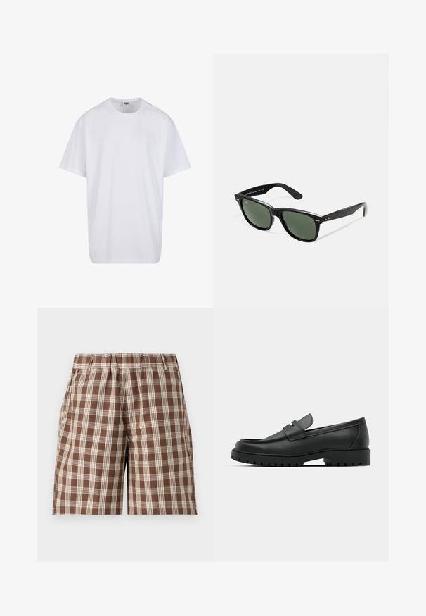Fehér pamut póló rövid ujjal, kerek nyakú, laza szabású, és nincsenek látható logók vagy minták. Simább textúra és minimalista dizájn.; Barna kockás rövidnadrág elasztikus derékkal, világos bézs kockás mintákkal és oldalsó zsebekkel. Könnyű anyagból készült.; Fekete bőr loafer cipők kerek orral, varrott mintázattal, alacsony platformtalpú és texturált, barázdált gumitalppal.; Fekete műanyag napszemüveg zöld lencsékkel, négyzet alakú kerettel, ezüst díszítéssel a keret felső részén, valamint texturált szárakkal. A márka neve a belső száron található.