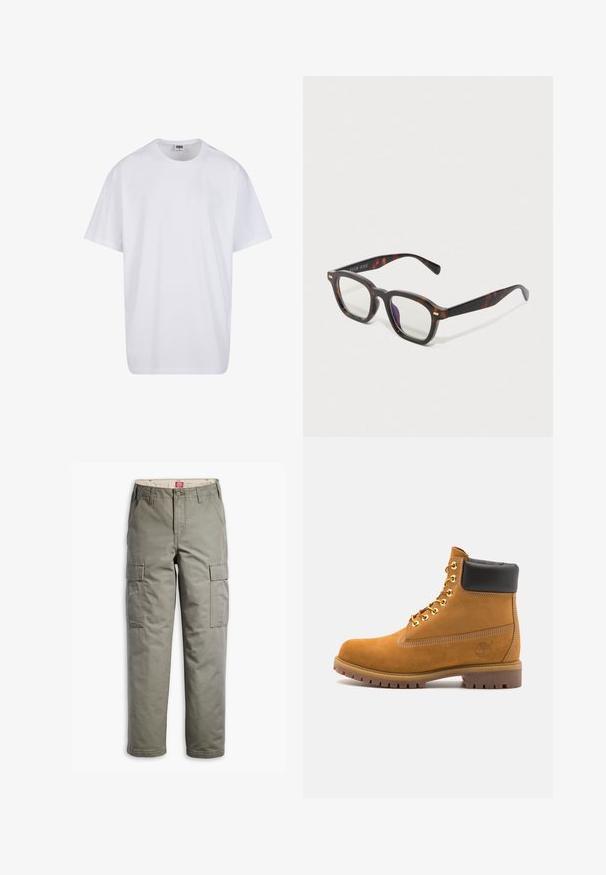 Biela bavlnená tričko s krátkymi rukávmi, okrúhlym výstrihom, uvoľneným strihom a žiadnymi viditeľnými logami alebo vzormi. Hladká textúra a minimálny dizajn.; Olive green cargo nohavice, vyrobené z odolnej bavlnenej zmesi, s bočnými vreckami, priamym strihom a uzatváraním na gombík.; Tyrkysové semišové členkové topánky s čiernym polstrovaným golierom, zlatými kovovými očkami, bielym prešívaním a robustnou gumovou podrážkou s výraznými drážkami.; Želvovinové obdĺžnikové okuliare s priehľadnými šošovkami a jemnými zlatými akcentmi na rámoch, vystavené na bielom pozadí.