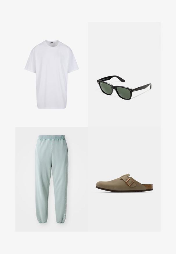 Hvit bomull t-skjorte med korte ermer, rund utringning, avslappet passform, og ingen synlige logoer eller mønstre. Glatt tekstur og minimalistisk design.; Lys grønne joggebukser laget av myk bomull, med elastisk midje, sidelommer og subtile grafiske detaljer langs ett ben.; Brune tresko med en jevn, matte overflate. Har en fremtredende bronsebelte på siden. Korkfotseng og gummisåle for komfort.; Sorte plast-solbriller med grønne linser, firkantede rammer, sølvdetalje på brynene, og teksturerte stangarmen. Angitt merke på indre arm.