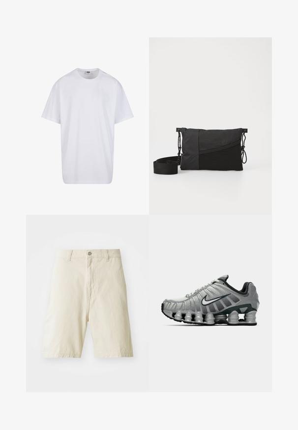 Bijela pamučna majica s kratkim rukavima, zaobljenim izrezom, opuštenog kroja, bez vidljivih logotipa ili uzoraka. Glatka tekstura i minimalni dizajn.; Bež pamučne kratke hlače ravnog kroja, s gumbom i patentnim zatvaračem, dva prednja džepa i glatkom teksturom. Bez vidljivih uzoraka ili akcenata.; Sive i crne Nike trkaće cipele s vidljivim opružnim jastučićem ispod đona i bijelim swoosh logotipom sa strane.; Crna torba za rame izrađena od teksturirane tkanine, s dijagonalnim dizajnom, podesivim remenom i zatvaranjem na vezanje sa strane.