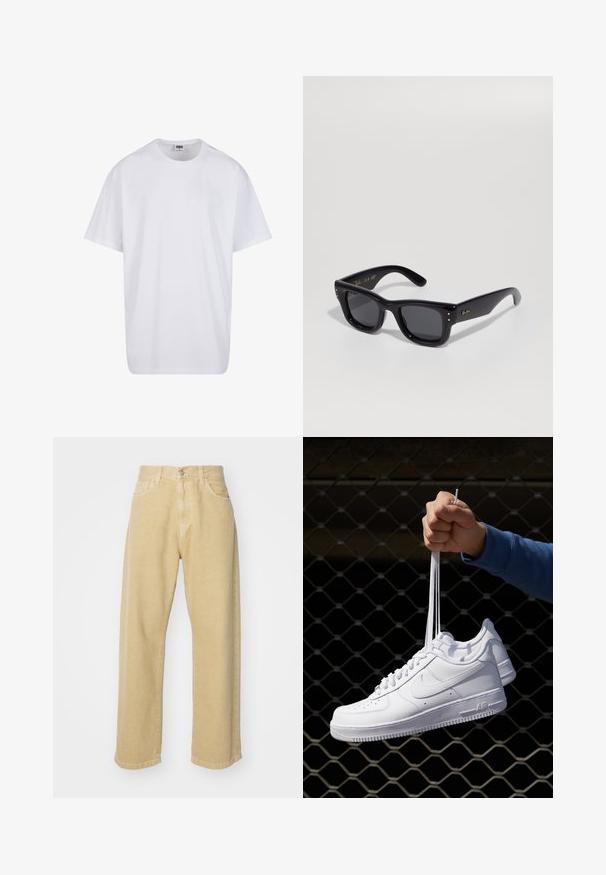 Hvit bomull t-skjorte med korte ermer, rund utringning, avslappet passform, og ingen synlige logoer eller mønstre. Glatt tekstur og minimalistisk design.; Beige denimbukser med rett bendesign, som har fem lommer, knappeåpning og en ren hemfinsih. Myk tekstur.; Hvite skinnsneakers med perforeringer, rund tå, flat såle og tykke lisser, med en synlig swoosh-logo og "AIR" på hælen.; Sorte solbriller med en blank overflade, rektangulært stel, mørke linser og guld logo accenter på stængerne. To guldprikker på hvert forhjørne.