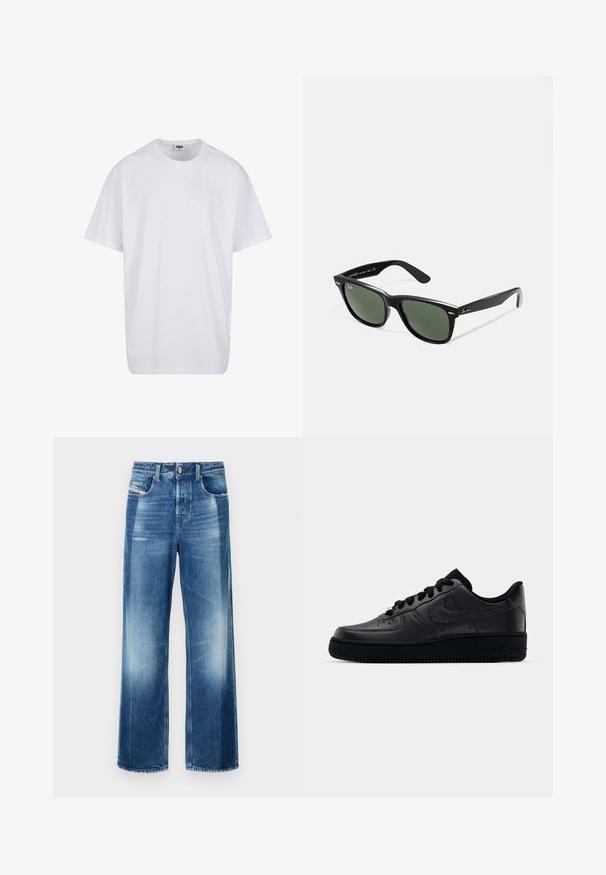 Hvit bomull t-skjorte med korte ermer, rund utringning, avslappet passform, og ingen synlige logoer eller mønstre. Glatt tekstur og minimalistisk design.; Vide benklær i mellomblått denim, med knapplukking, frontlommer og lett falming. Rette ben med ren kant.; Svart Nike Air Force 1-sneaker med en glatt skinnoverdel, perforert tå for pusteevne, svarte snørebånd og en teksturert gummisåle.; Sorte plast-solbriller med grønne linser, firkantede rammer, sølvdetalje på brynene, og teksturerte stangarmen. Angitt merke på indre arm.