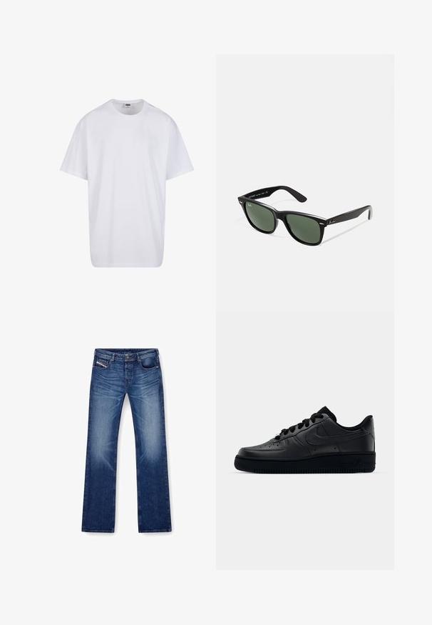 Camiseta blanca de algodón con mangas cortas, cuello redondo, corte relajado y sin logotipos ni patrones visibles. Textura suave y diseño minimalista.; Pantalones vaqueros de mezclilla azul con un diseño de pierna recta, cinco bolsillos y costuras tonales. La tela tiene una textura suave con un ligero desgastado.; Zapatilla Nike Air Force 1 negra con parte superior de cuero liso, puntera perforada para transpirabilidad, cordones negros y suela de goma texturizada.; Gafas de sol de plástico negro con lentes verdes, montura cuadrada, acento plateado en la ceja y brazos texturizados. Marca indicada en el brazo interno.