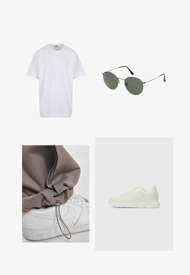 Bílé triko z bavlny s krátkým rukávem, kulatým výstřihem, volným střihem a bez viditelných log či vzorů. Hladká textura a minimalistický design.; Svetle šedé jogger kalhoty s šňůrkou na manžetě, doplněné o bílé tenisky s texturovanou podrážkou a výrazným logem.; Bílé kožené tenisky s texturovaným svrškem, kulatou špičkou, plochou bílou podešví a tonálními tkaničkami. Jemné brandování na jazyku.; Sluneční brýle s kovovým rámem a oválnými zelenými skly. Tenký stříbrný kovový rám a černé chrániče uší. Minimalistický design, žádné viditelné logo.
