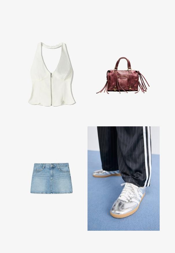Bílý halterneck top s hlubokým V-výstřihem, zapínáním na zip vpředu a vlnkovým lemem. Vyrobeno z hladkého textilu s minimálními designovými detaily.; Světle modrá denimová mini sukně s rovnou siluetou, designem pěti kapes a poutky na opasek. Má vybledlý odstín a čistý lem.; Metalické stříbrné tenisky s bílými tkaničkami a třemi bílými pruhy, doplněné černými kalhotami s tenkým proužkem. Gumová podrážka na spodní straně.; Bordová kožená taška s pletenými rukojeťmi, třásněmi a zlatými kovovými doplňky. Obsahuje přední zipovou kapsu a texturovaný povrch.