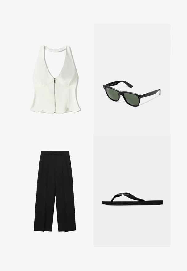 Weißes Haltertop mit tiefem V-Ausschnitt, Reißverschluss vorne und gewelltem Saum. Hergestellt aus einem glatten Textil mit minimalen Designdetails.; Schwarze weit geschnittene Hose mit hoher Taille, Falten und Gürtelschlaufen. Hergestellt aus einem glatten Stoff, mit einer taillierten Silhouette und klaren Linien.; Schwarze Gummi-Flip-Flop-Sandale mit einem strukturierten Riemen und einfacher flacher Sohle, von der Seite auf einem schlichten hellen Hintergrund dargestellt.; Schwarze Plastiksonnenbrille mit grünen Gläsern, quadratischen Rahmen, silbernem Akzent auf der Augenbraue und strukturierten Bügeln. Angegebene Marke auf dem inneren Bügel.; Schwarze synthetische Handtasche mit geschwungener Form, silberner Kettenriemen, Reißverschlussverschluss und eingeprägtem Markenlogo auf der Vorderseite. Glatte Textur.