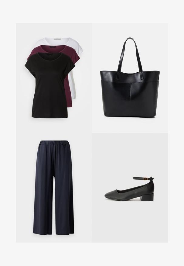 Tri majice: jedna crna, jedna bordo, jedna bijela. Svaka ima okrugli izrez, kratke rukave i meku pamučnu teksturu. Oznake su vidljive.; Hlače širokih nogavica od tamnoplave tkanine s elastičnim pojasom, s glatkom teksturom i punom dužinom.; Crne kožne pumpe s oštrim vrhom i niskom blok petom. Sadrže remen oko gležnja s zlatnim kopčanjem. Glatka tekstura.; Crna kožna torba s dugim ručkama, glatkom teksturom i strukturiranim oblikom. Ima prednju džep za dodatno pohranu.