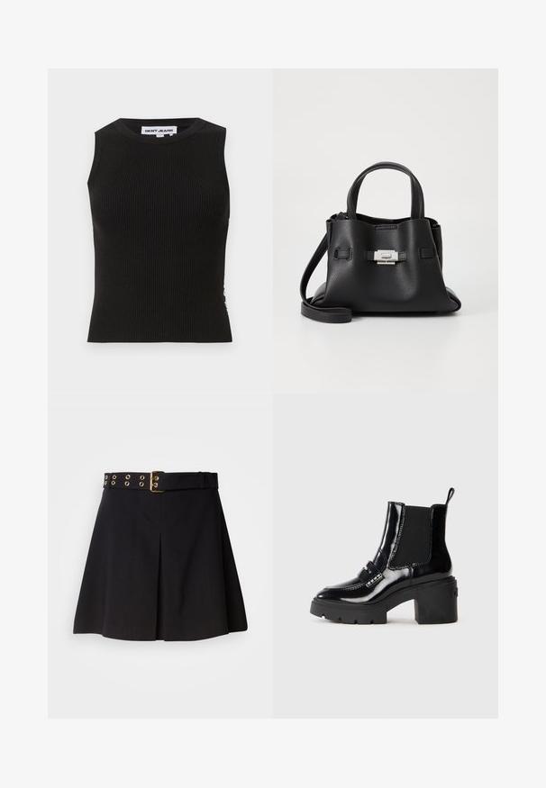 Svart ribbad linne med en rund halsringning, med en åtsittande design och subtil textur. Ribben sträcker sig genom hela tyget.; Svart plisserad kjol med ett brett bälte som har guldmetall detaljer och öljett detaljer, tillverkad av ett mjukt tyg, designad för en skräddarsydd passform.; Svart lack ankelboot med en kraftig klack, elastiska sidopaneler, dekorativ rem och kontrasterande sömmar. Slät textur med en blanka yta.; Svart läderhandväska med en texturerad yta, utrustad med två ovandelar, en avtagbar axelrem och en detalj med silverlås.