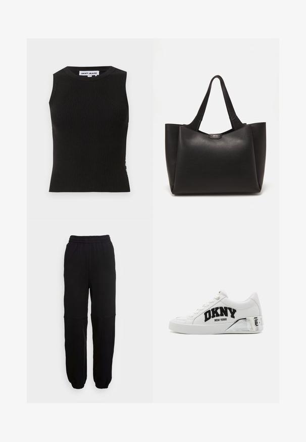 Top de alças preto com decote redondo, apresentando um design justo e uma textura subtil. As nervuras estendem-se por todo o tecido.; Gestuz BIRTA CUTLINE PANTS - Calças de fato de treino - black; Sapatilha branca com bordado preto "DKNY NEW YORK", material em pele lisa e um detalhe metálico no salto. Design de bico arredondado.; Bolsa tote de couro preto com acabamento texturizado, apresentando duas alças robustas e um detalhe metálico com o logotipo na parte central superior.