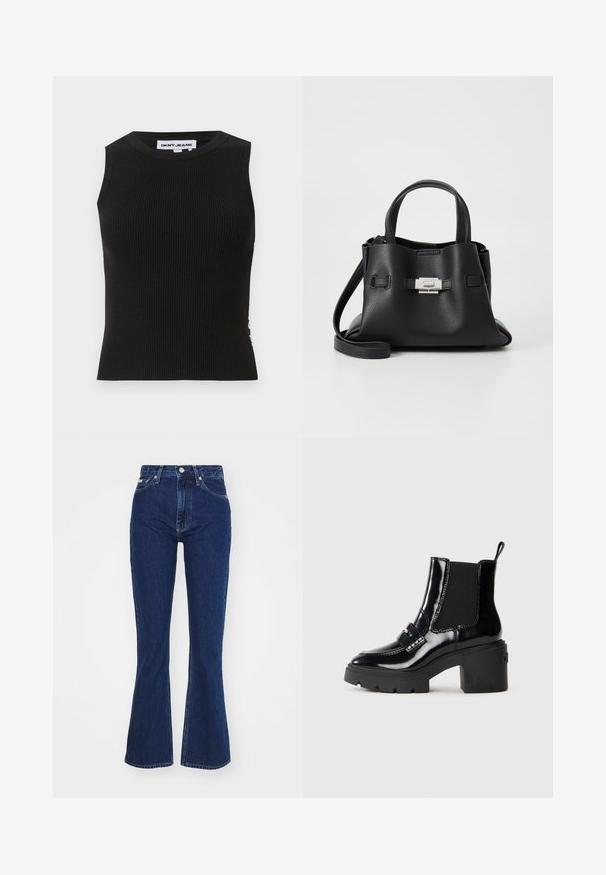 Must mustriba tank top, millekaelusega, millel on sobiv disain ja õrn tekstuur. Ribimine ulatub läbi kogu kanga.; Tumedad sinised flared teksad, valmistatud denimist, kõrge vöökoht, lukuga ja nööbiga kinnitamine ning viis taskut kerge kulumise efektiga.; Must musta ankle boot, mille dekoratiivsete rihmade ja kontrastsete õmblustega, chunky kontsaga ja elastsete külgpaneelidega. Sile tekstuur läikiva viimistlusega.; Mustmust kott, millel on tekstuuriga viimistlus, sisaldab kahte ülemist kättehaaret, eemaldatavat õlarihma ja hõbedast luku detaili.